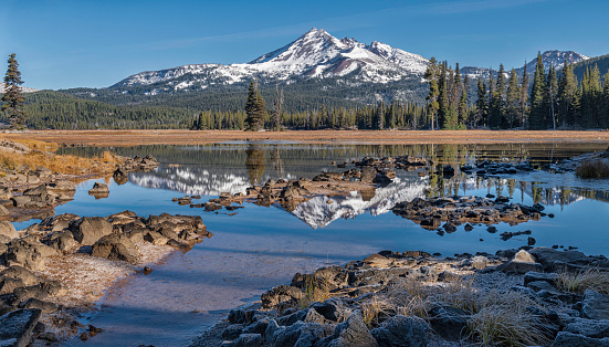 The view of Broken Top from this viewpoint on the shores of Sparks Lake in the shadow of Mt. Bachelor is one of the iconic images of the Cascade Mountains