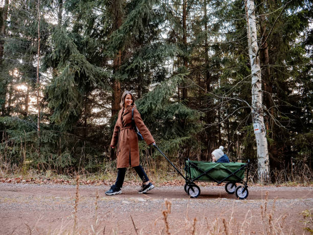istock woman with a child in a wagon walking down in the forest 1189606082