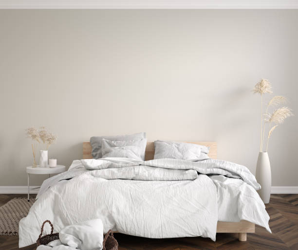 istock Scandinavian bedroom close up, wall mock up 1189606866