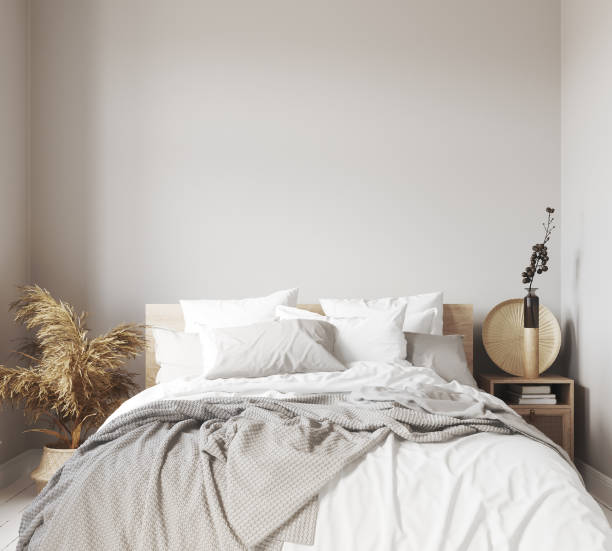 istock Scandinavian bedroom close up, wall mock up 1189606872