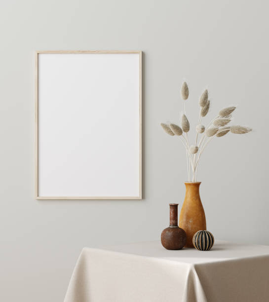 finto telaio da vicino con erba secca in vaso sul tavolo, stile scandinavo - shelf wall vase indoors foto e immagini stock