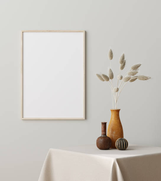 Mock up frame close up with dry grass in vase on table, Scandinavian style
