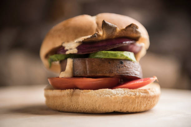 istock Vegan burger closeup with vegetable tofu patty 1189613014