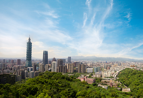 View of Taipei skyline from Elephant mountain on a sunny say.