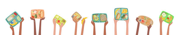 illustrations, cliparts, dessins animés et icônes de mains d'enfants retenant des boîtes de déjeuner avec la bannière saine de nourriture de déjeuners - cantine