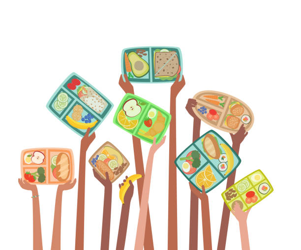 illustrations, cliparts, dessins animés et icônes de mains d'enfants retenant des boîtes de déjeuner avec la nourriture saine de déjeuners - cantine scolaire