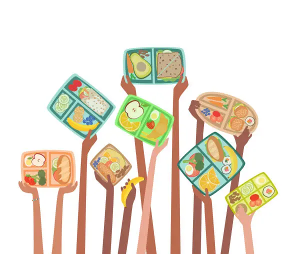 Vector illustration of Children hands holding up lunch boxes with healthy lunches food