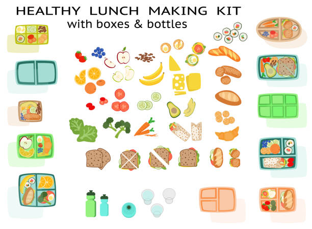 stockillustraties, clipart, cartoons en iconen met lunch maken kit met gezonde sandwich voedsel fruit groenten en dozen - schoollunch