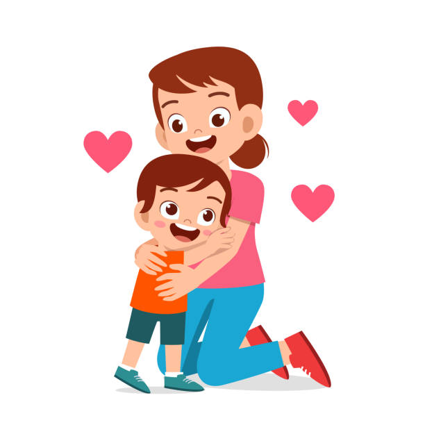 illustrazioni stock, clip art, cartoni animati e icone di tendenza di felice ragazzo carino abbraccio mamma amore - men doodle vector parent