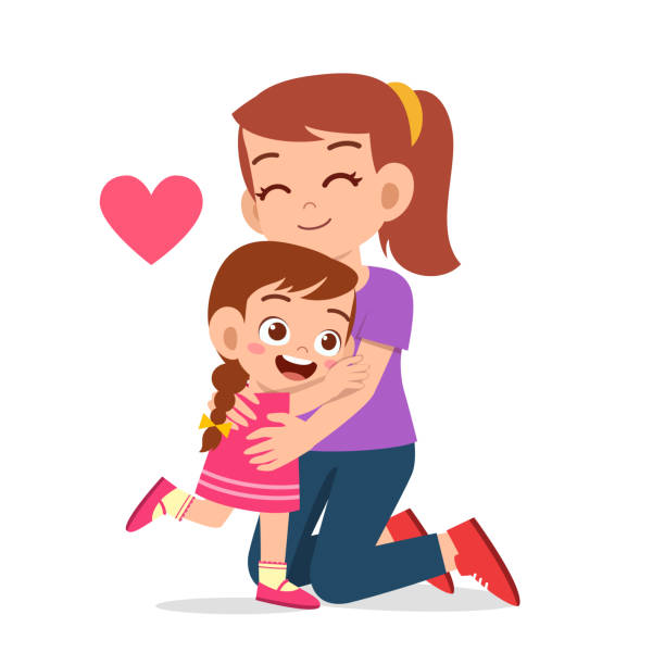 ilustraciones, imágenes clip art, dibujos animados e iconos de stock de chica niña linda feliz abrazando a mamá amor - abrazo familia