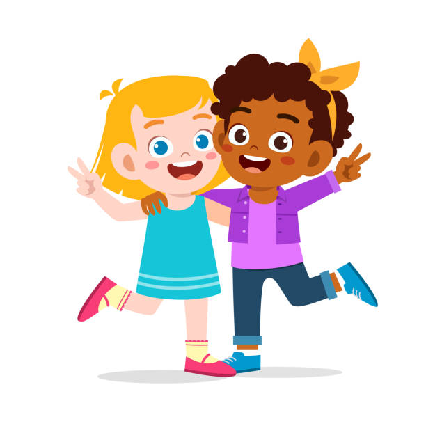 Happy Cute Kid Girl Hug Friend Together Stock Illustration - Download Image  Now - Child, Friendship, Embracing - iStock