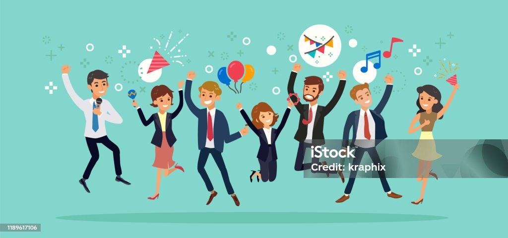 Happy Business Team Jumping Karaoke Party Celebration Concept Vector Cartoon  Illustration Stock Illustration - Download Image Now - iStock