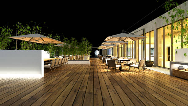 3d render cafe balcony terrace 3d render cafe balcony terrace at night terraced field stock pictures, royalty-free photos & images