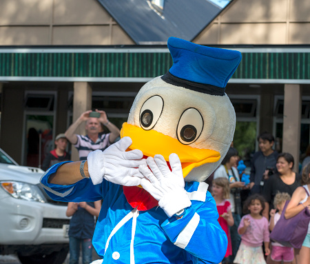 Donald Duck character at a christmas parade in Hanmer Springs, waves to the crowd