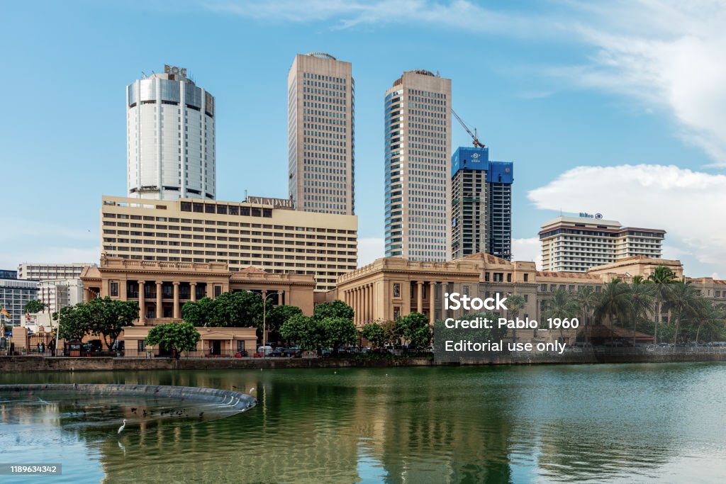 Skyline of Colombo Colombo, Sri Lanka - November 04, 2019: Skyline of Colombo. In the foreground governmental buildings - Presidential Secretariat, Ministry of Finance, Department of National Planning, General Treasury. Colombo Stock Photo