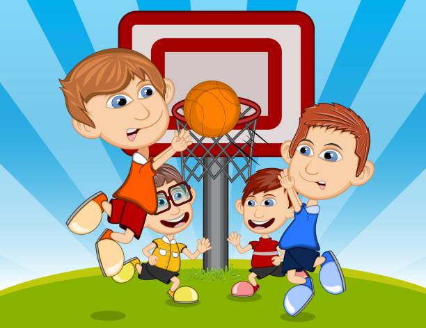 공원 만화 벡터 일러스트에 농구를하는 아이들 - basketball teenager nature outdoors stock illustrations