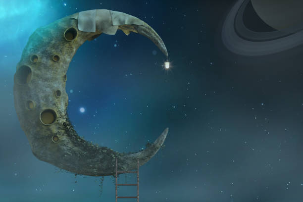 istock Fantasy space scene with a ladder to the moon, 3d render. 1189644109