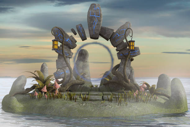 istock Fairy island with mushrooms and portal, fantasy image, 3d render. 1189647155