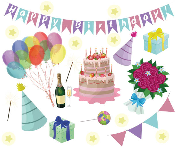 набор векторных элементов дня рождения. эпс - birthday balloon bouquet clip art stock illustrations