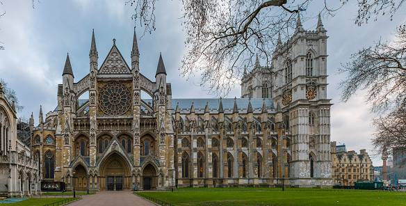 London, United Kingdom - January 13, 2018: Northern facade of the Westminster Abbey, gothic church and site for British royal coronations and weddings