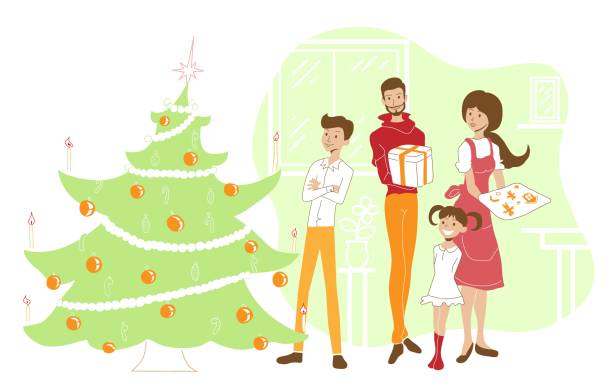 istock Happy family decorating Christmas tree in home 1189675647