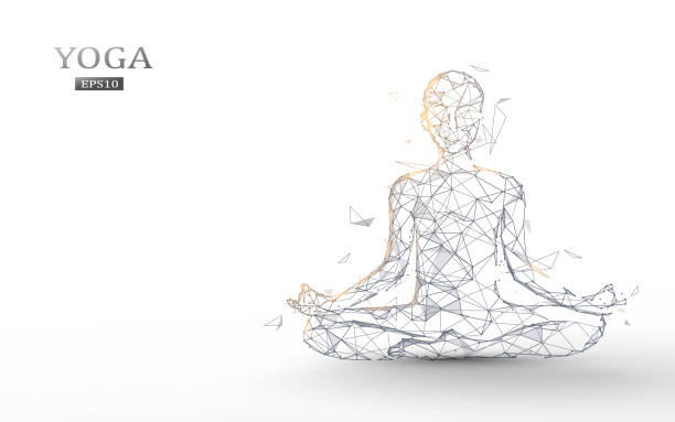 ilustrações de stock, clip art, desenhos animados e ícones de person practices yoga and meditation in the lotus position. zen meditation exercise. lines, triangles and particle design - white background yoga exercising women