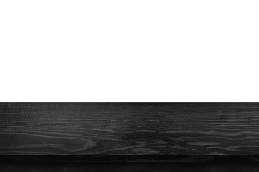 Black wood table top isolated on white  background for your product,display mockup template