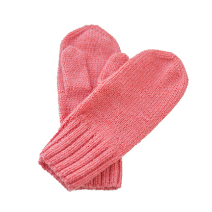 Pink woolen mittens on a white isolated background.