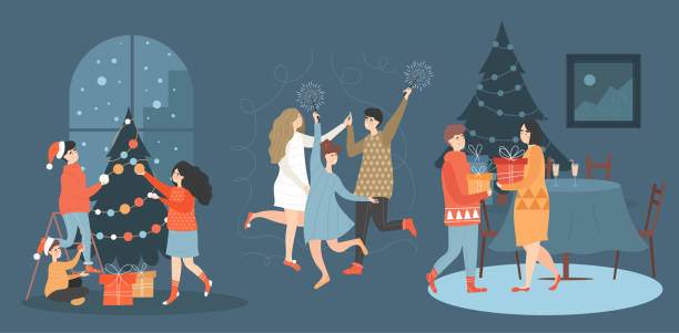 Set of illustrations with family Set of illustrations with family, a group of friends and a couple celebrating Christmas and New Year. Cartoon characters for holiday cards and banners. Vector illustration christmas family party stock illustrations