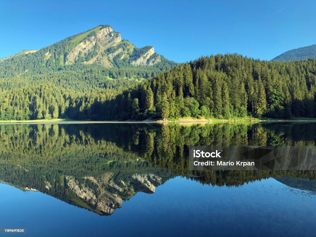 グラールスアルプス山脈とグラーナーランドの観光地ナフェルスのアルパイン湖オーバー湖 グラールス州スイス Horizonのストックフォトや