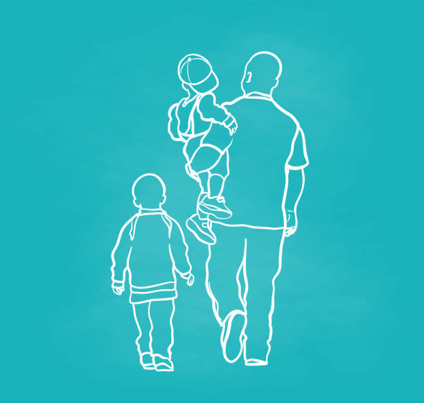 African American Father And Kids Chalkboard African american man walking with his little boy and carrying his toddler with one arm in sketch illustration african american boy drawing stock illustrations