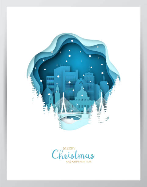 ilustrações, clipart, desenhos animados e ícones de cidade nevada de boston. cartão de arte de papel. feliz natal e feliz ano novo em boston. ilustração do vetor. - holiday greetings