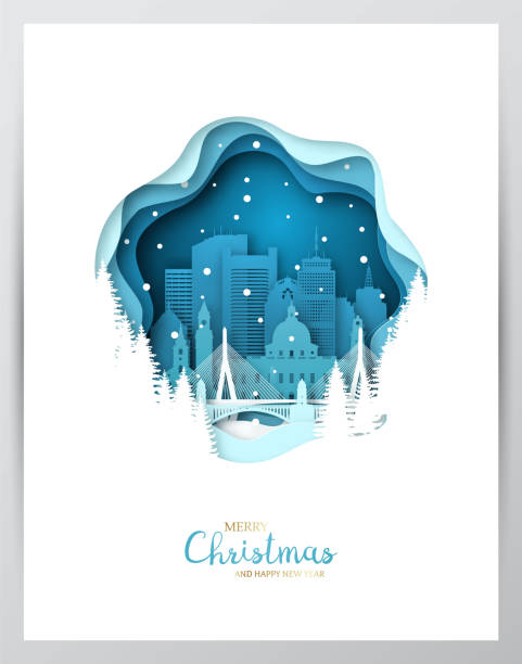 Snowy Boston city. Paper art greeting card. Merry Christmas and Happy New Year Boston. Vector illustration. Snowy Boston city. Paper art greeting card. Merry Christmas and Happy New Year Boston. Vector illustration. facade stock illustrations