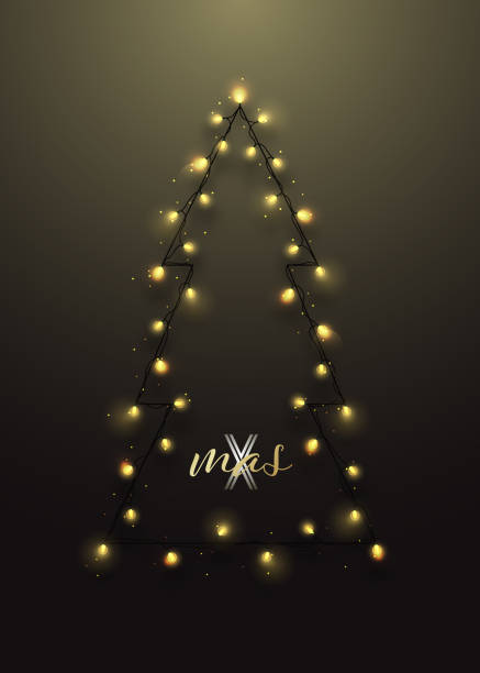 illustrations, cliparts, dessins animés et icônes de silhouette d'arbre de noel. guirlande lumineuse d'éclairage. joyeux noel et bonne année, affiche vectorielle. - guirlande lumineuse équipement déclairage