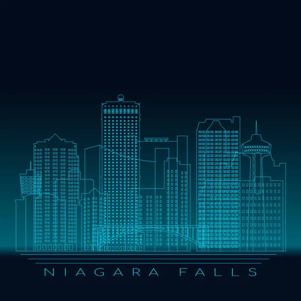 Vector illustration of Niagara Falls skyline, detailed silhouette. Modern vector illustration, blue linear style.