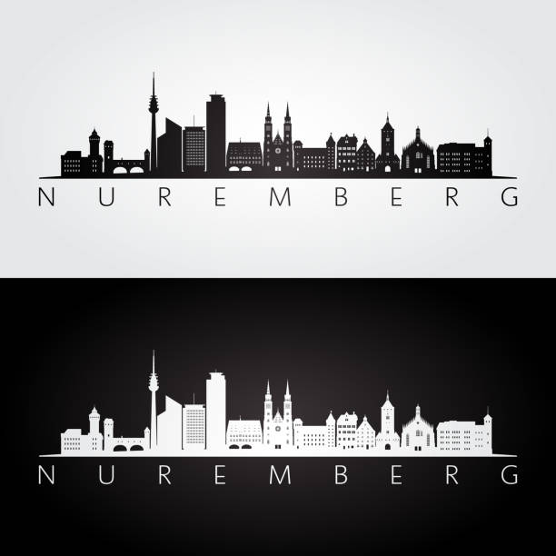 nürnberg skyline und sehenswürdigkeiten silhouette, schwarz-weiß-design, vektor-illustration. - nürnberg stock-grafiken, -clipart, -cartoons und -symbole