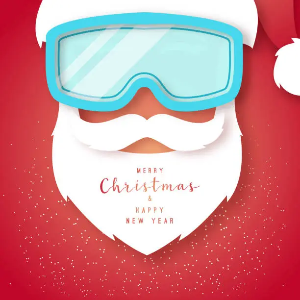 Vector illustration of Santa Claus with white beard wearing red hat and snowboard mask. Paper cut style. Hipster in suit Santa Claus. Merry Christmas and Happy New Year vector illustration.