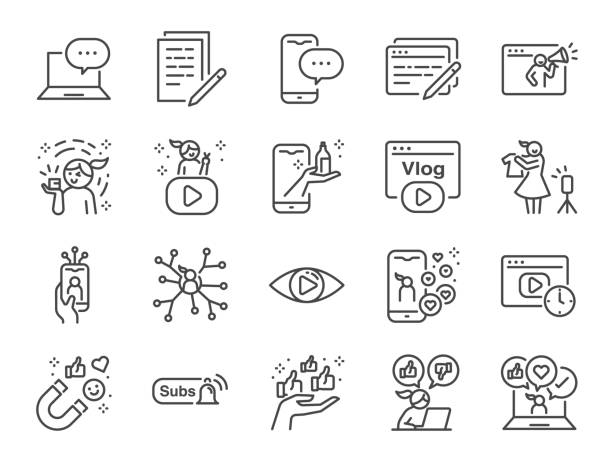 Micro influencer and blog line icon set. Included icons as reviews, social media, advertisement, view rates, like, vlog and more. Micro influencer and blog line icon set. Included icons as reviews, social media, advertisement, view rates, like, vlog and more. adulation stock illustrations