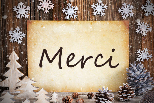Old Paper, Christmas Decoration, Merci Means Thank You, Snowflakes stock photo