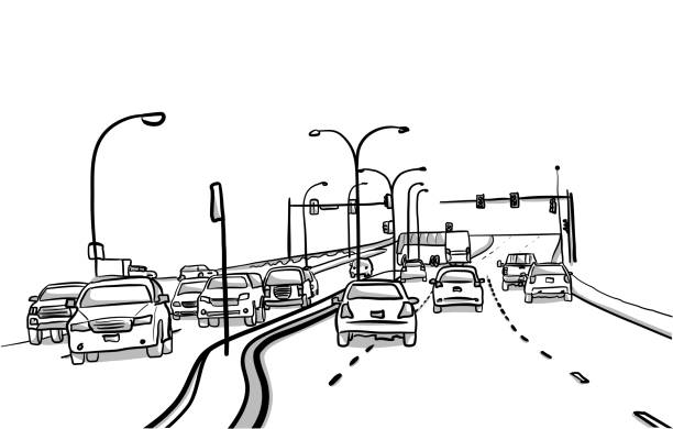 Artery Road Busy artery road with cars and street lights in sketch illustrations co2 drawings stock illustrations