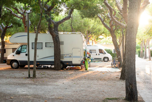 istock White camper on campsite. Many bikes and caravans in camping. 1189695089