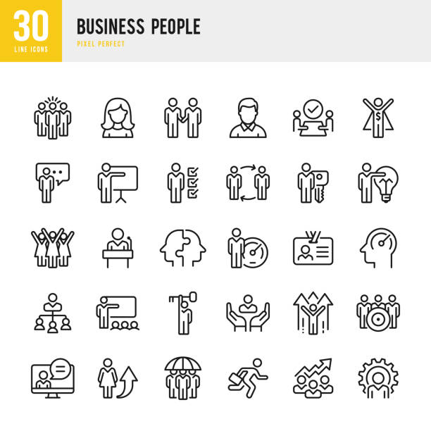 Business People - linear vector icon set. Pixel perfect. The set contains icons such as People, Teamwork, Presentation, Leadership, Growth, Manager, Success, Partnership and so on. Business People - linear vector icon set. Set of 30 line icon. Pixel perfect. Outline stroke expanded. The set contains icons such as People, Teamwork, Partnership, Presentation, Leadership, Growth, Manager, Success, Partnership and so on. customer illustrations stock illustrations