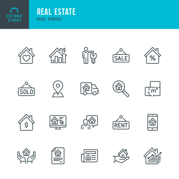 Real Estate - thin linear vector icon set. Editable stroke. Pixel perfect. The set contains icons Real Estate Agent, Home Insurance, Sale, Rent, Location, Truck. Real Estate - thin linear vector icon set. 20 linear icon. Editable stroke. Pixel perfect. The set contains icons: Home, Agreement, Sale, Rent, Real Estate Agent, Home Insurance, Location, Truck, Investment, Interest Rate. real estate stock illustrations