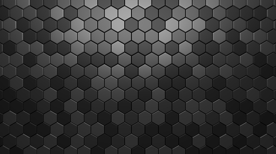 Black digital technological background with steel hexagon cells. 3d abstract illustration of honeycomb structure.