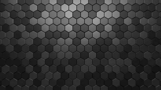 Photo of Black digital technological background with steel hexagon cells. 3d abstract illustration of honeycomb structure.