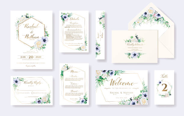 Set of floral wedding invitation card, invite, RSVP, Details, Thank you, Table number, Menu, envelope address template. White rose and Anemone flower. Set of floral wedding invitation card, invite, RSVP, Details, Thank you, Table number, Menu, envelope address template. White rose and Anemone flower. Vector floral menu card stock illustrations