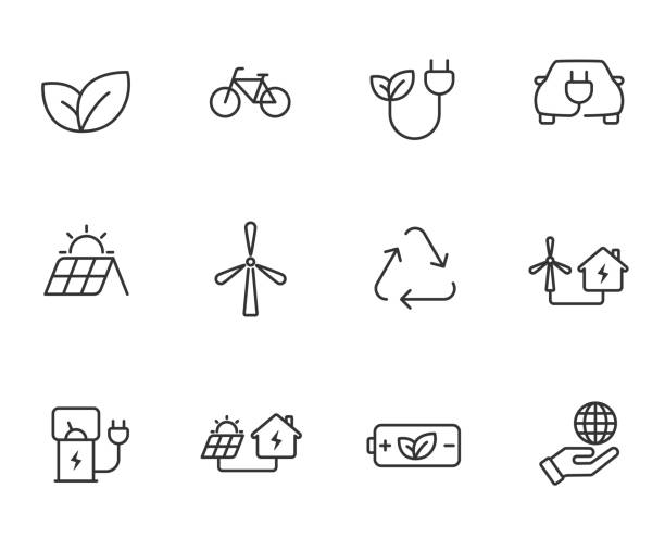 ilustrações de stock, clip art, desenhos animados e ícones de ecology outline vector icons isolated on white background. ecology outline flat icons for web and ui design. go green eco friendly environment concept. - fuel and power generation electricity flat power supply