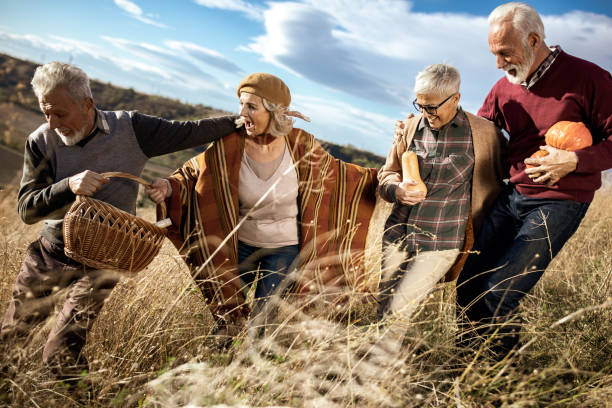 istock Group of happy seniors having fun while going on a picnic on the hill. 1189711794