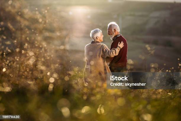 Back View Of Happy Senior Couple Talking In Autumn Day Stock Photo - Download Image Now