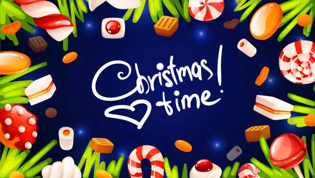 Vector illustration of Chrismas time lettering on dark blue background with christmas tree needles and candies at the edges. New year poster, bright frame and white lettering. Vector illustration in cartoon style.